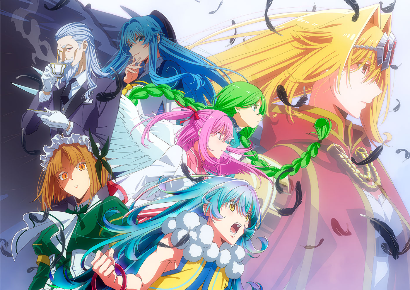 Un grupo de personajes coloridos y diversos de la serie de anime _A Wild Last Boss Appeared!_, mostrando una mezcla de estilos y expresiones en un fondo dinámico.